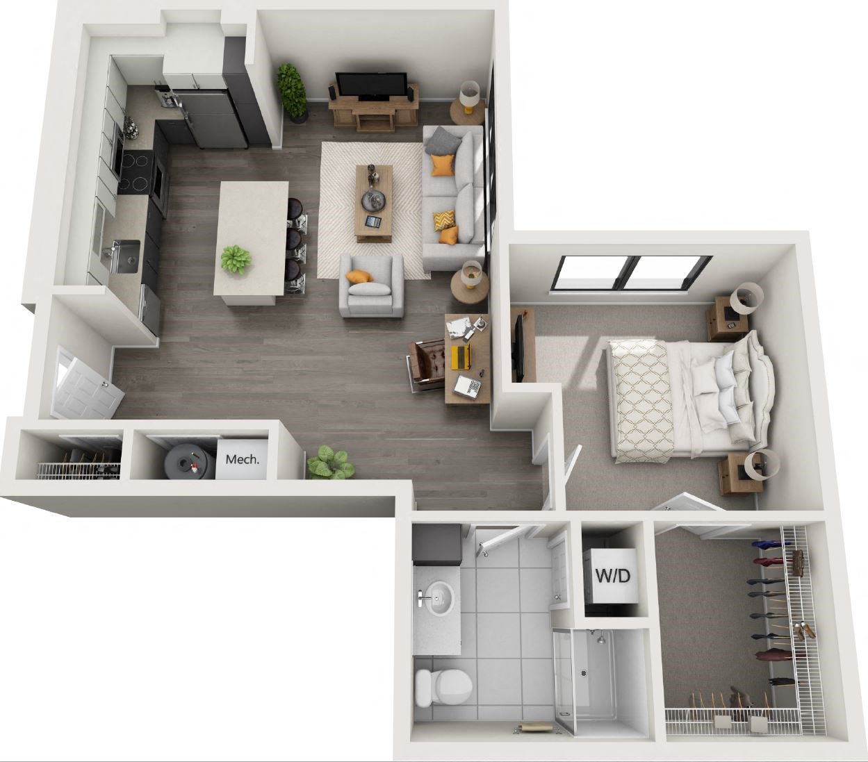 Floor plan for 1 bed, 1 bath, 884 sqft